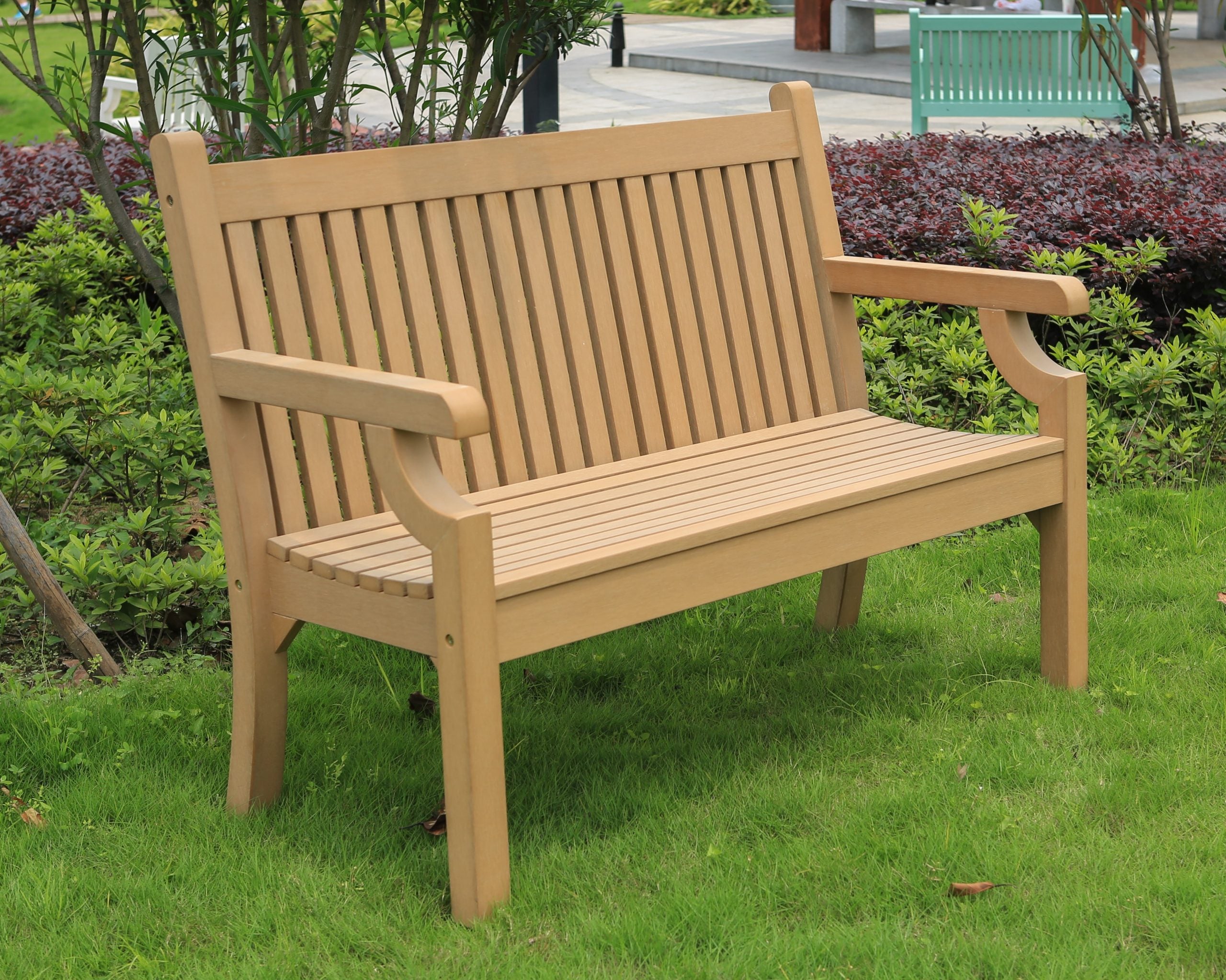 2 Seater Wood Effect Garden Bench - Teak Finish