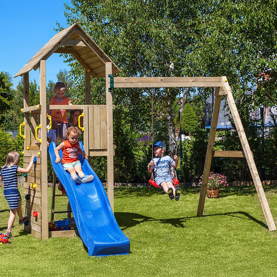 Wooden Fortress Climbing Frame with Single Swing & Slide