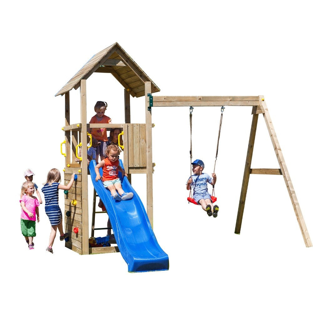 Wooden Fortress Climbing Frame with Single Swing & Slide
