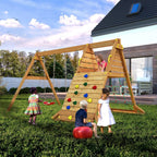 Wooden Rock Wall Climbing Frame & Rope Climbing Net | Double Swing