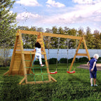 Wooden Rock Wall Climbing Frame & Rope Climbing Net | Double Swing
