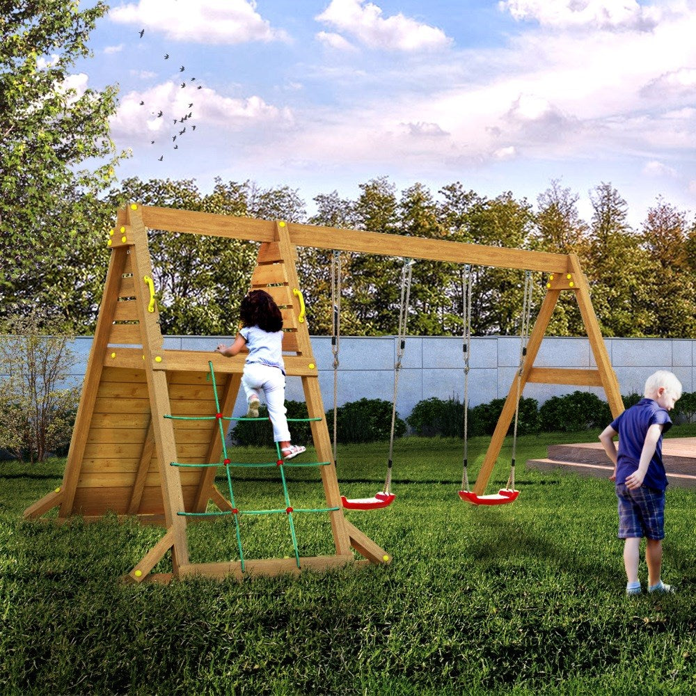 Wooden Rock Wall Climbing Frame & Rope Climbing Net | Double Swing