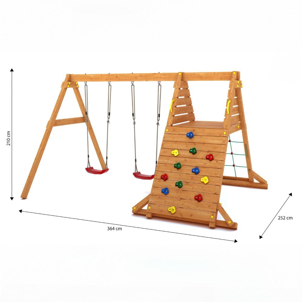 Wooden Rock Wall Climbing Frame & Rope Climbing Net | Double Swing