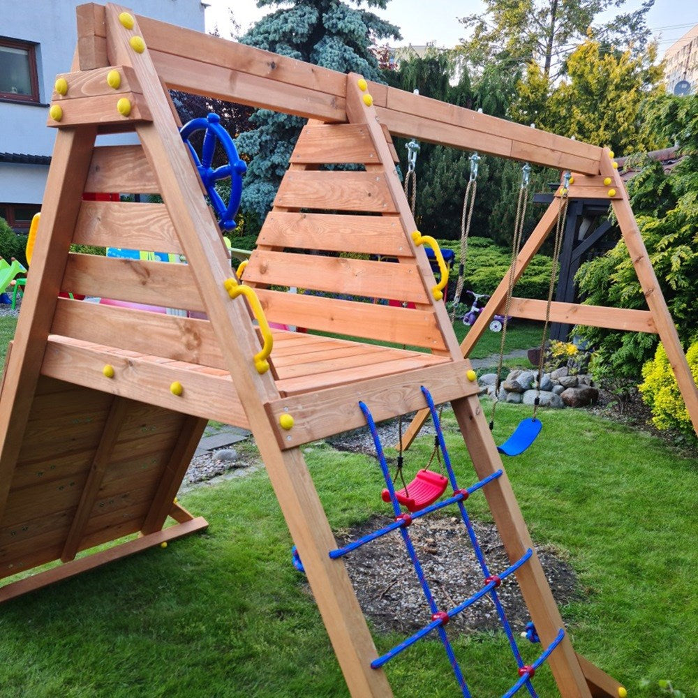 Wooden Rock Wall Climbing Frame & Rope Climbing Net | Double Swing